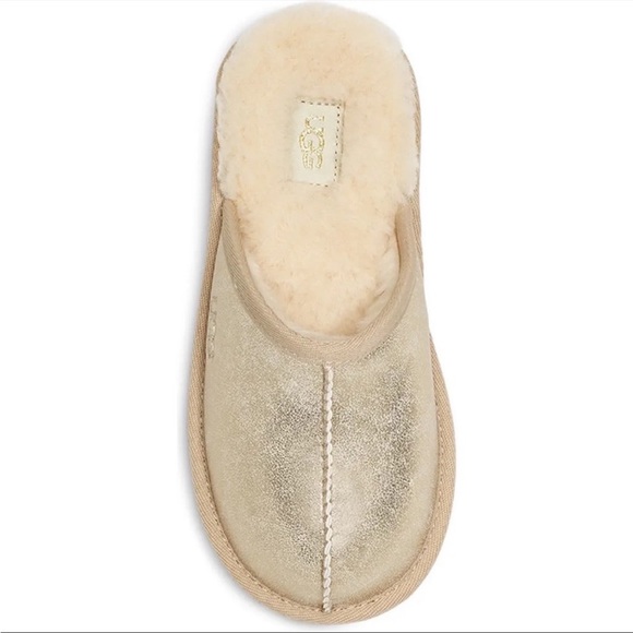 UGG Kids Keegan Metallic Gold Shimmer Faux Fur Lined Slippers Slip-On Shoes NWT - Picture 5 of 8